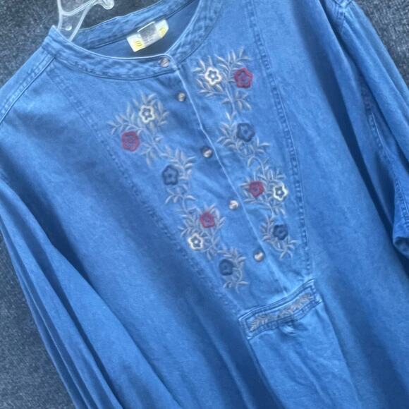 Denim Tunic Top Womens 32W Cottagecore Long Top Embroidered Floral Casual - Picture 2 of 8
